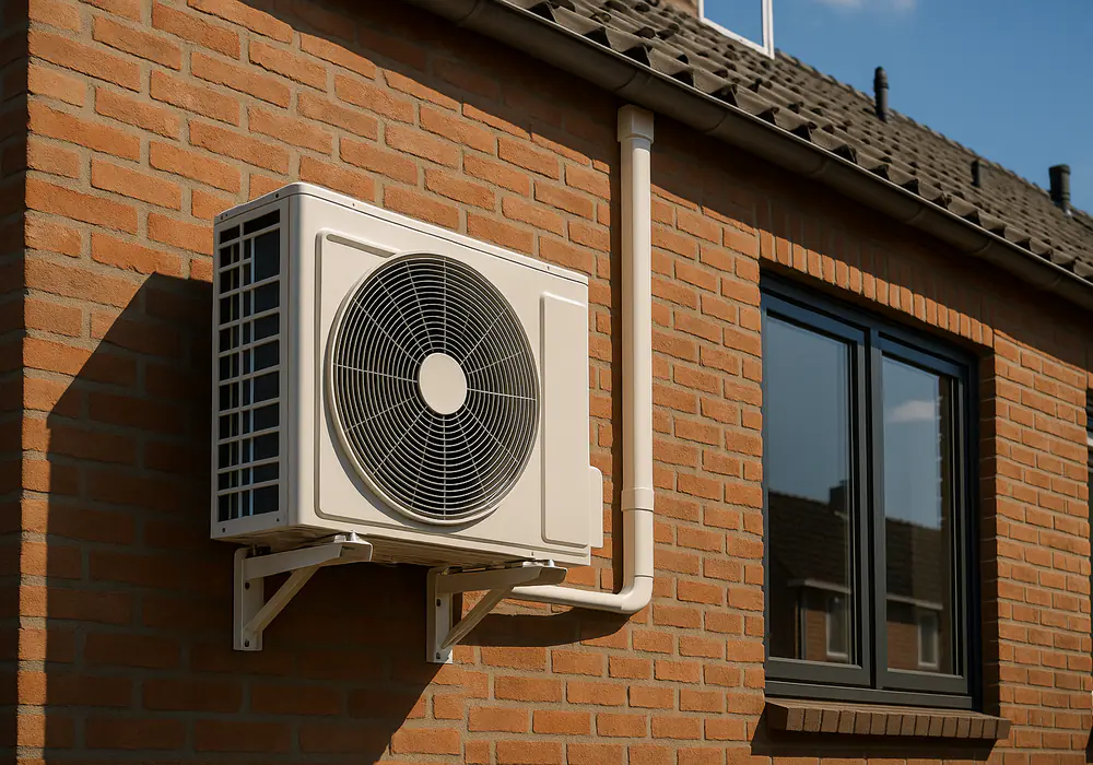 Airco buitenunit netjes gemonteerd aan de gevel